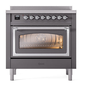 ILVE Nostalgie II 36-Inch Induction Range with 6 Induction Elements, 3.5 cu. ft. Oven, Graphite Matte with Chrome Trim, Triple Glass Door, UNI366NMPMGC