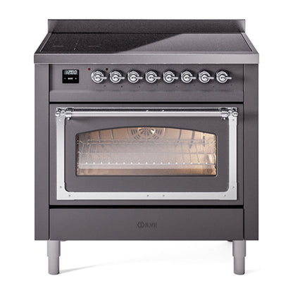 ILVE Nostalgie II 36-Inch Induction Range with 6 Induction Elements, 3.5 cu. ft. Oven, Graphite Matte with Chrome Trim, Triple Glass Door, UNI366NMPMGC