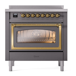 ILVE Nostalgie II 36-Inch Induction Range with 6 Induction Elements, 3.5 cu. ft. Oven, Graphite Matte with Brass Trim, Triple Glass Door, UNI366NMPMGG