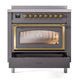 ILVE Nostalgie II 36-Inch Induction Range with 6 Induction Elements, 3.5 cu. ft. Oven, Graphite Matte with Brass Trim, Triple Glass Door, UNI366NMPMGG