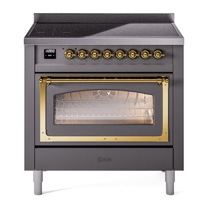 ILVE Nostalgie II 36-Inch Induction Range with 6 Induction Elements, 3.5 cu. ft. Oven, Graphite Matte with Brass Trim, Triple Glass Door, UNI366NMPMGG