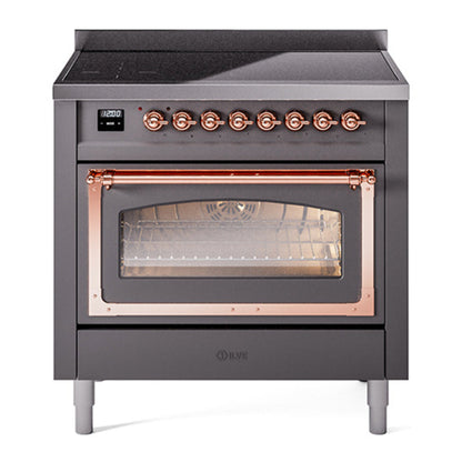 ILVE Nostalgie II 36-Inch Induction Range with 6 Induction Elements, 3.5 cu. ft. Oven, Graphite Matte with Copper Trim, Triple Glass Door, UNI366NMPMGP