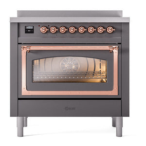 ILVE Nostalgie II 36-Inch Induction Range with 6 Induction Elements, 3.5 cu. ft. Oven, Graphite Matte with Copper Trim, Triple Glass Door, UNI366NMPMGP