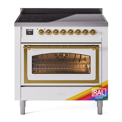 ILVE Nostalgie II 36-Inch Induction Range with 6 Induction Elements, 3.5 cu. ft. Oven, RAL with Brass Trim, Triple Glass Door, UNI366NMPRAG