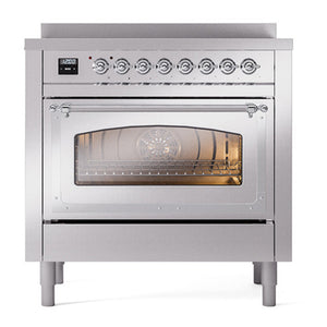 ILVE Nostalgie II 36-Inch Induction Range with 6 Induction Elements, 3.5 cu. ft. Oven, Stainless Steel with Chrome Trim, Triple Glass Door, UNI366NMPSSC