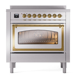 ILVE Nostalgie II 36-Inch Induction Range with 6 Induction Elements, 3.5 cu. ft. Oven, Stainless Steel with Brass Trim, Triple Glass Door, UNI366NMPSSG