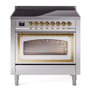 ILVE Nostalgie II 36-Inch Induction Range with 6 Induction Elements, 3.5 cu. ft. Oven, Stainless Steel with Brass Trim, Triple Glass Door, UNI366NMPSSG