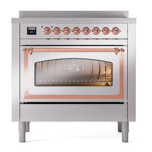 ILVE Nostalgie II 36-Inch Induction Range with 6 Induction Elements, 3.5 cu. ft. Oven, Stainless Steel with Copper Trim, Triple Glass Door, UNI366NMPSSP