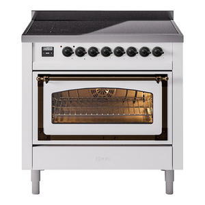 ILVE Nostalgie II 36-Inch Induction Range with 6 Induction Elements, 3.5 cu. ft. Oven, White with Burnished Trim, Triple Glass Door, UNI366NMPWHB