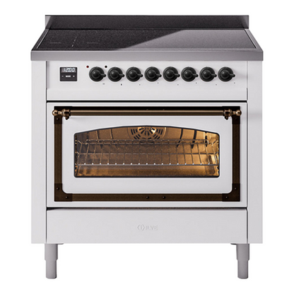ILVE Nostalgie II 36-Inch Induction Range with 6 Induction Elements, 3.5 cu. ft. Oven, White with Burnished Trim, Triple Glass Door, UNI366NMPWHB