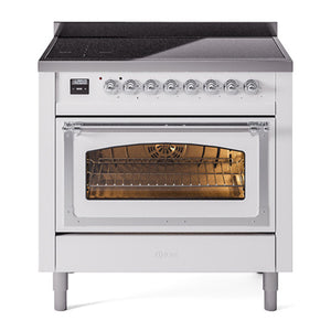 ILVE Nostalgie II 36-Inch Induction Range with 6 Induction Elements, 3.5 cu. ft. Oven, White with Chrome Trim, Triple Glass Door, UNI366NMPWHC