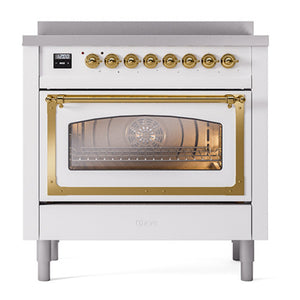 ILVE Nostalgie II 36-Inch Induction Range with 6 Induction Elements, 3.5 cu. ft. Oven, White with Brass Trim, Triple Glass Door, UNI366NMPWHG