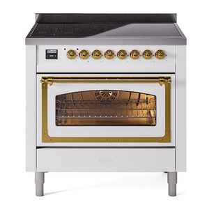 ILVE Nostalgie II 36-Inch Induction Range with 6 Induction Elements, 3.5 cu. ft. Oven, White with Brass Trim, Triple Glass Door, UNI366NMPWHG