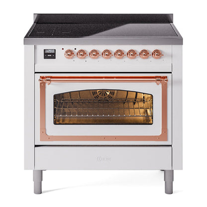ILVE Nostalgie II 36-Inch Induction Range with 6 Induction Elements, 3.5 cu. ft. Oven, White with Copper Trim, Triple Glass Door, UNI366NMPWHP