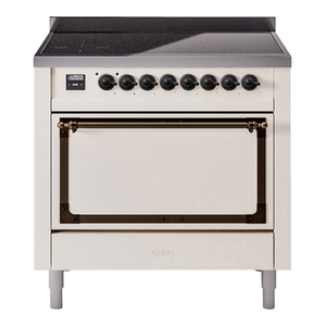 ILVE Nostalgie II 36-Inch Induction Range with 6 Induction Elements, 3.5 cu. ft. Oven, Antique White with Burnished Trim, Solid Door, UNI366QNMPAWB