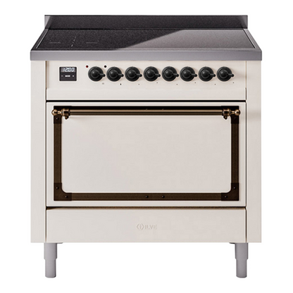 ILVE Nostalgie II 36-Inch Induction Range with 6 Induction Elements, 3.5 cu. ft. Oven, Antique White with Burnished Trim, Solid Door, UNI366QNMPAWB