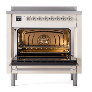 ILVE Nostalgie II 36-Inch Induction Range with 6 Induction Elements, 3.5 cu. ft. Oven, Antique White with Chrome Trim, Solid Door, UNI366QNMPAWC