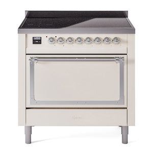 ILVE Nostalgie II 36-Inch Induction Range with 6 Induction Elements, 3.5 cu. ft. Oven, Antique White with Chrome Trim, Solid Door, UNI366QNMPAWC