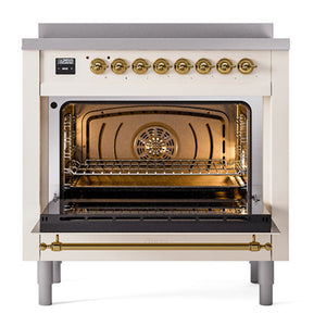 ILVE Nostalgie II 36-Inch Induction Range with 6 Induction Elements, 3.5 cu. ft. Oven, Antique White with Brass Trim, Solid Door, UNI366QNMPAWG