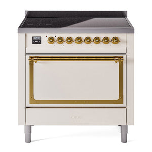 ILVE Nostalgie II 36-Inch Induction Range with 6 Induction Elements, 3.5 cu. ft. Oven, Antique White with Brass Trim, Solid Door, UNI366QNMPAWG