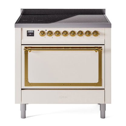 ILVE Nostalgie II 36-Inch Induction Range with 6 Induction Elements, 3.5 cu. ft. Oven, Antique White with Brass Trim, Solid Door, UNI366QNMPAWG