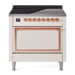 ILVE Nostalgie II 36-Inch Induction Range with 6 Induction Elements, 3.5 cu. ft. Oven, Antique White with Copper Trim, Solid Door, UNI366QNMPAWP