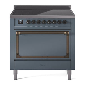 ILVE Nostalgie II 36-Inch Induction Range with 6 Induction Elements, 3.5 cu. ft. Oven, Blue Grey with Burnished Trim, Solid Door, UNI366QNMPBGB
