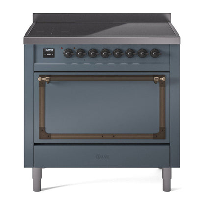 ILVE Nostalgie II 36-Inch Induction Range with 6 Induction Elements, 3.5 cu. ft. Oven, Blue Grey with Burnished Trim, Solid Door, UNI366QNMPBGB