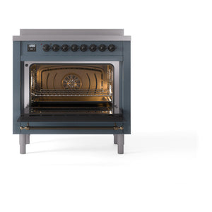 ILVE Nostalgie II 36-Inch Induction Range with 6 Induction Elements, 3.5 cu. ft. Oven, Blue Grey with Burnished Trim, Solid Door, UNI366QNMPBGB