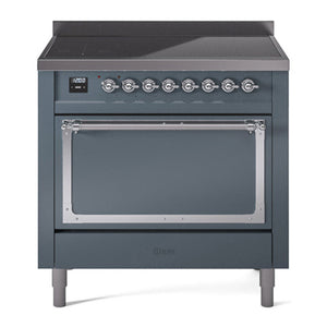 ILVE Nostalgie II 36-Inch Induction Range with 6 Induction Elements, 3.5 cu. ft. Oven, Blue Grey with Chrome Trim, Solid Door, UNI366QNMPBGC