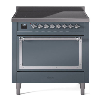 ILVE Nostalgie II 36-Inch Induction Range with 6 Induction Elements, 3.5 cu. ft. Oven, Blue Grey with Chrome Trim, Solid Door, UNI366QNMPBGC