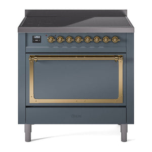 ILVE Nostalgie II 36-Inch Induction Range with 6 Induction Elements, 3.5 cu. ft. Oven, Blue Grey with Brass Trim, Solid Door, UNI366QNMPBGG