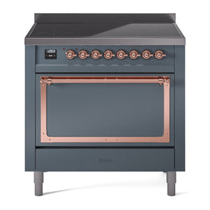 ILVE Nostalgie II 36-Inch Induction Range with 6 Induction Elements, 3.5 cu. ft. Oven, Blue Grey with Copper Trim, Solid Door, UNI366QNMPBGP