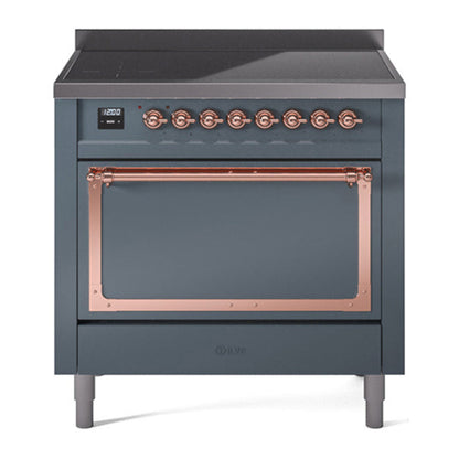 ILVE Nostalgie II 36-Inch Induction Range with 6 Induction Elements, 3.5 cu. ft. Oven, Blue Grey with Copper Trim, Solid Door, UNI366QNMPBGP
