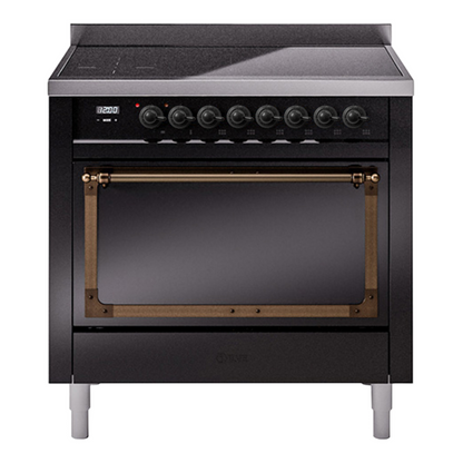 ILVE Nostalgie II 36-Inch Induction Range with 6 Induction Elements, 3.5 cu. ft. Oven, Glossy Black with Burnished Trim, Solid Door, UNI366QNMPBKB