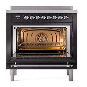 ILVE Nostalgie II 36-Inch Induction Range with 6 Induction Elements, 3.5 cu. ft. Oven, Glossy Black with Chrome Trim, Solid Door, UNI366QNMPBKC