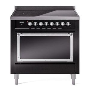 ILVE Nostalgie II 36-Inch Induction Range with 6 Induction Elements, 3.5 cu. ft. Oven, Glossy Black with Chrome Trim, Solid Door, UNI366QNMPBKC