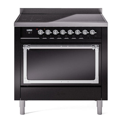 ILVE Nostalgie II 36-Inch Induction Range with 6 Induction Elements, 3.5 cu. ft. Oven, Glossy Black with Chrome Trim, Solid Door, UNI366QNMPBKC