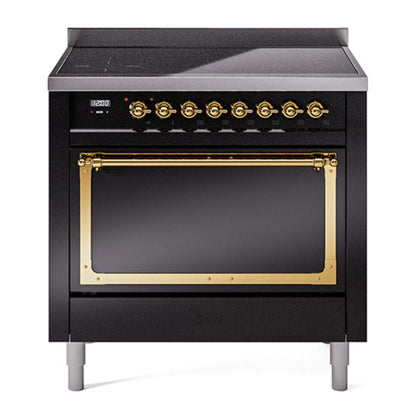 ILVE Nostalgie II 36-Inch Induction Range with 6 Induction Elements, 3.5 cu. ft. Oven, Glossy Black with Brass Trim, Solid Door, UNI366QNMPBKG