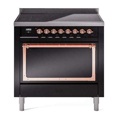ILVE Nostalgie II 36-Inch Induction Range with 6 Induction Elements, 3.5 cu. ft. Oven, Glossy Black with Copper Trim, Solid Door, UNI366QNMPBKP