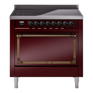 ILVE Nostalgie II 36-Inch Induction Range with 6 Induction Elements, 3.5 cu. ft. Oven, Burgundy with Burnished Trim, Solid Door, UNI366QNMPBUB