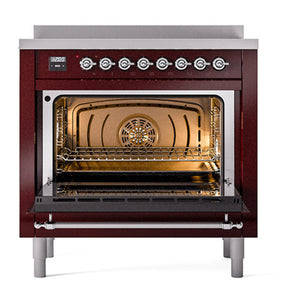 ILVE Nostalgie II 36-Inch Induction Range with 6 Induction Elements, 3.5 cu. ft. Oven, Burgundy with Chrome Trim, Solid Door, UNI366QNMPBUC