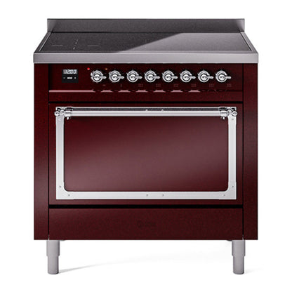 ILVE Nostalgie II 36-Inch Induction Range with 6 Induction Elements, 3.5 cu. ft. Oven, Burgundy with Chrome Trim, Solid Door, UNI366QNMPBUC