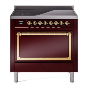 ILVE Nostalgie II 36-Inch Induction Range with 6 Induction Elements, 3.5 cu. ft. Oven, Burgundy with Brass Trim, Solid Door, UNI366QNMPBUG