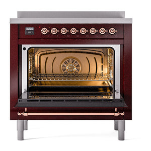 ILVE Nostalgie II 36-Inch Induction Range with 6 Induction Elements, 3.5 cu. ft. Oven, Burgundy with Copper Trim, Solid Door, UNI366QNMPBUP