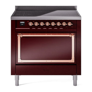 ILVE Nostalgie II 36-Inch Induction Range with 6 Induction Elements, 3.5 cu. ft. Oven, Burgundy with Copper Trim, Solid Door, UNI366QNMPBUP