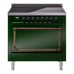ILVE Nostalgie II 36-Inch Induction Range with 6 Induction Elements, 3.5 cu. ft. Oven, Emerald Green with Burnished Trim, Solid Door, UNI366QNMPEGB