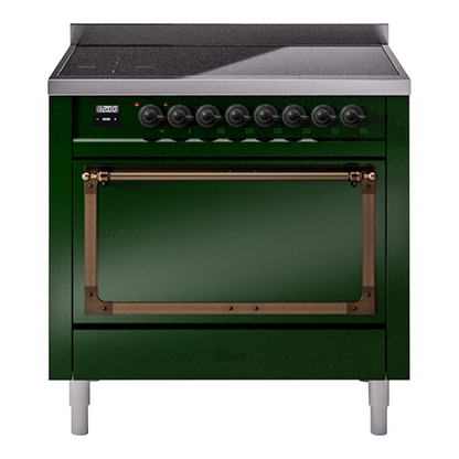 ILVE Nostalgie II 36-Inch Induction Range with 6 Induction Elements, 3.5 cu. ft. Oven, Emerald Green with Burnished Trim, Solid Door, UNI366QNMPEGB