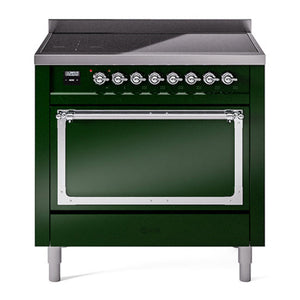 ILVE Nostalgie II 36-Inch Induction Range with 6 Induction Elements, 3.5 cu. ft. Oven, Emerald Green with Chrome Trim, Solid Door, UNI366QNMPEGC