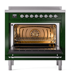 ILVE Nostalgie II 36-Inch Induction Range with 6 Induction Elements, 3.5 cu. ft. Oven, Emerald Green with Chrome Trim, Solid Door, UNI366QNMPEGC